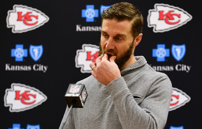 Kansas City Chiefs quarterback Alex Smith speaks during a news conference after an NFL divisional playoff football game against the Pittsburgh Steelers Sunday, Jan. 15, 2017, in Kansas City, Mo. The Steelers won 18-16. (AP Photo/Ed Zurga)