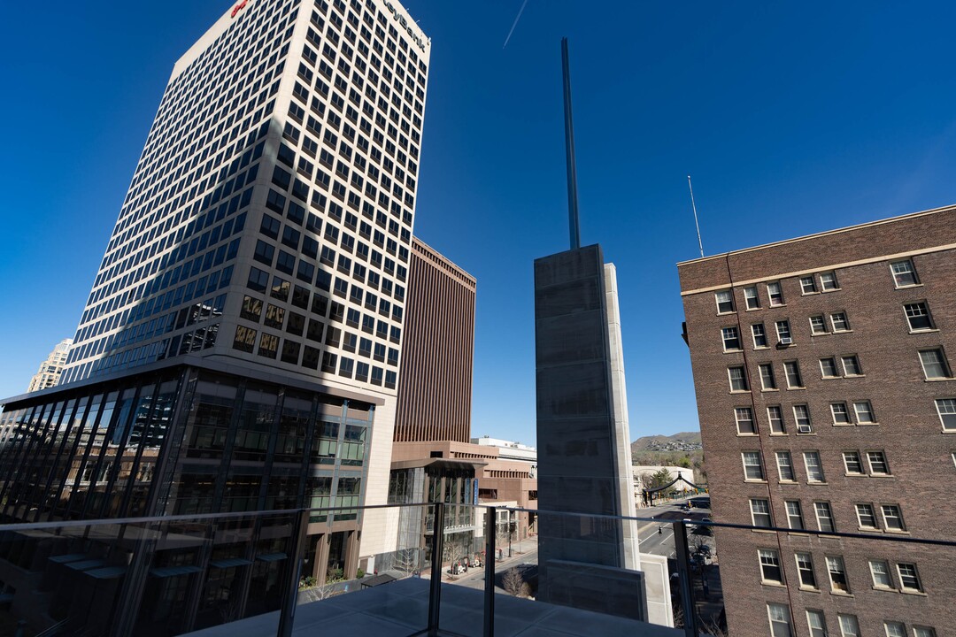 (Francisco Kjolseth | The Salt Lake Tribune) A steeple rises in downtown Salt Lake City at 95 State, the new meetinghouse of The Church of Jesus Christ of Latter-day Saints as seen on Friday, April 8, 2022. 