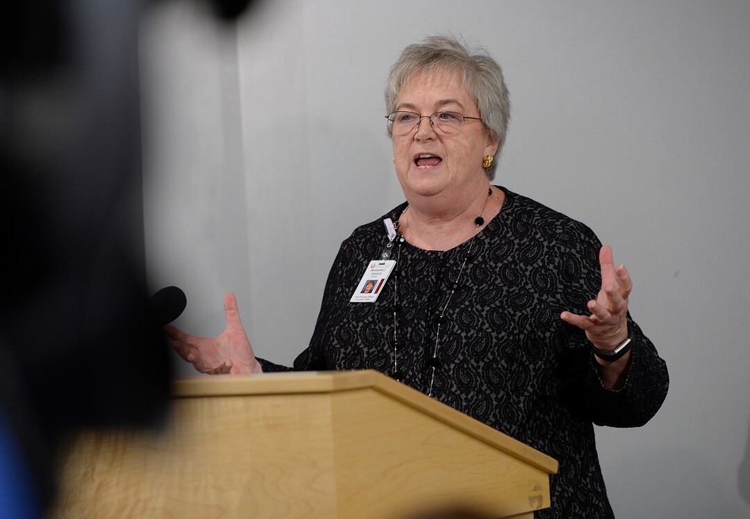 (Scott Sommerdorf   |  The Salt Lake Tribune)   Margaret Pearce, Chief of Nursing, speaks at a press conference held at the Uniuversity of Utah Medical Center regarding arrest of nurse Alex Wubbels, who refused to draw bloodMonday, September 4, 2017. 