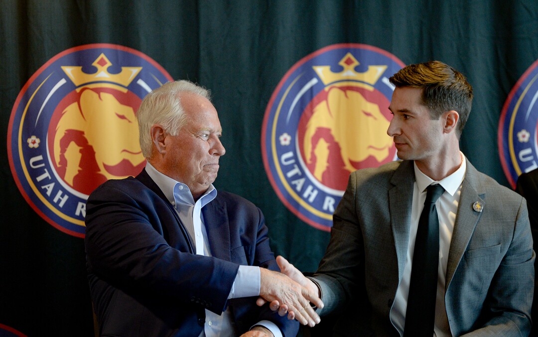 (Francisco Kjolseth  |  The Salt Lake Tribune) Utah Royals FC owner Dell Loy Hansen, left, shakes hands with his new head coach, former Chicago Red Stars assistant Craig Harrington during a press event at Rio Tinto Stadium in Sandy, Utah on Friday, Feb. 7, 2020.