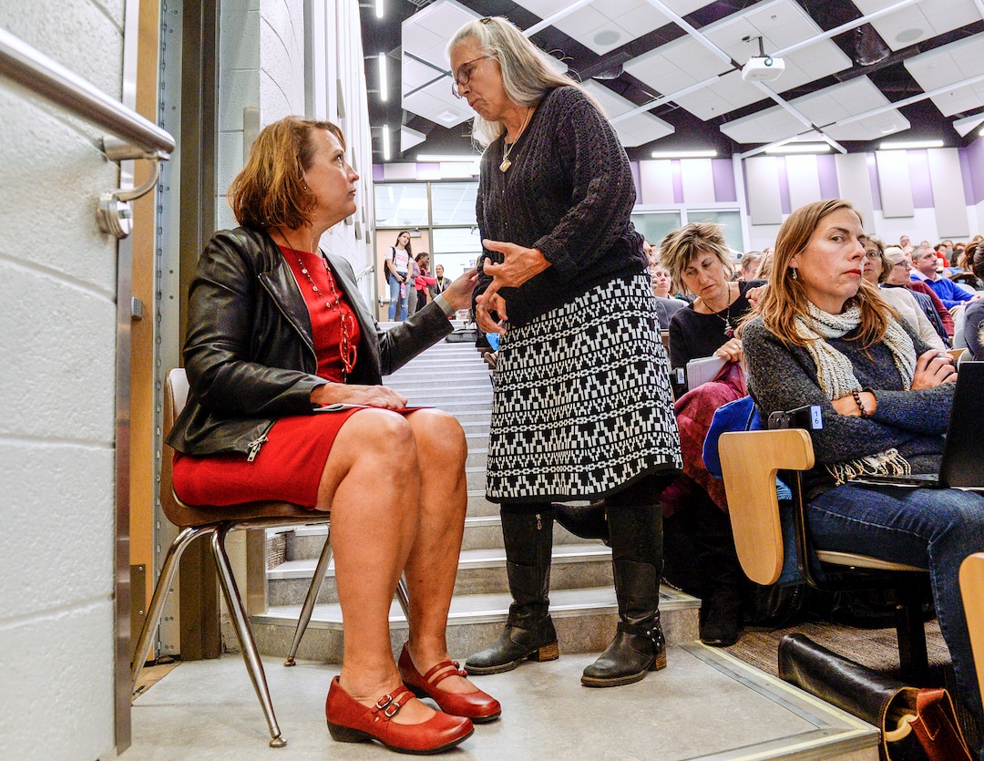(Leah Hogsten  |  The Salt Lake Tribune) l-r Ruth WatkinsPresident of the University of Utah speaks with Leslie Frances from the College of Law Monday during the academic senate meeting Sept. 30, 2019 at the Henry Erying Building on campus.