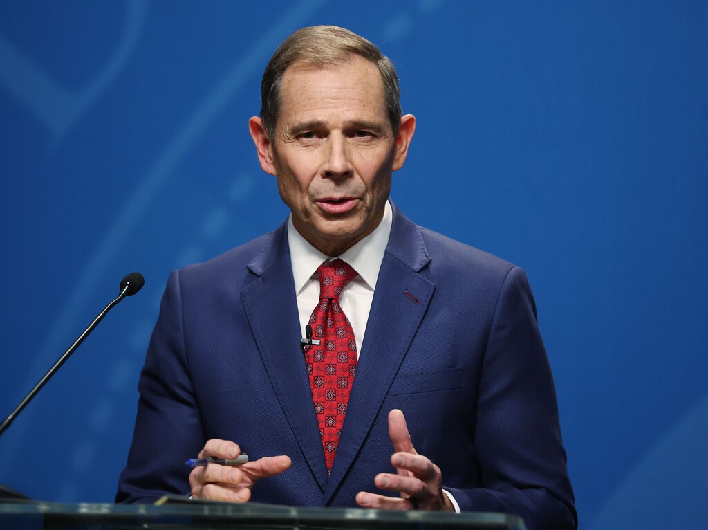 (Jeffrey D. Allred | Pool) Rep. John Curtis, R-Utah, speaks in 3rd Congressional District debate at KBYU Broadcasting building in Provo on Thursday, Oct. 6, 2022. 