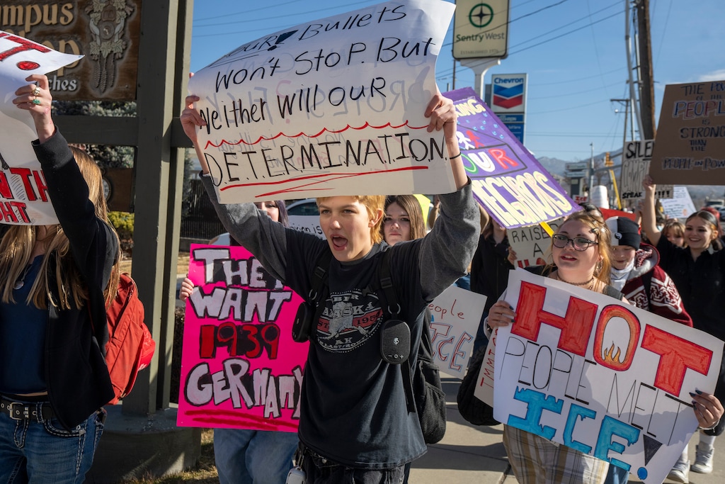 (Rick Egan | The Salt Lake Tribune) Olympus High Students walk out of school in Holladay to protest ICE, on Friday, Feb. 6, 2026.