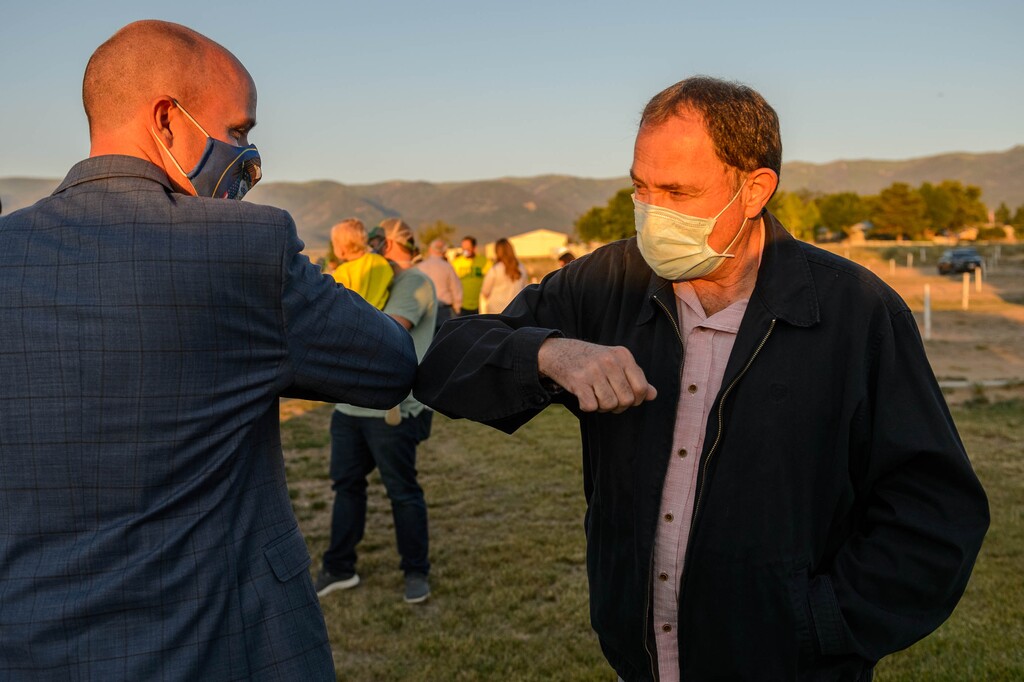 (Trent Nelson  |  The Salt Lake Tribune) Utah Republican gubernatorial candidate Lt. Gov. Spencer Cox and Gov. Gary Herbert at an election night event in Mount Pleasant on Tuesday, June 30, 2020.