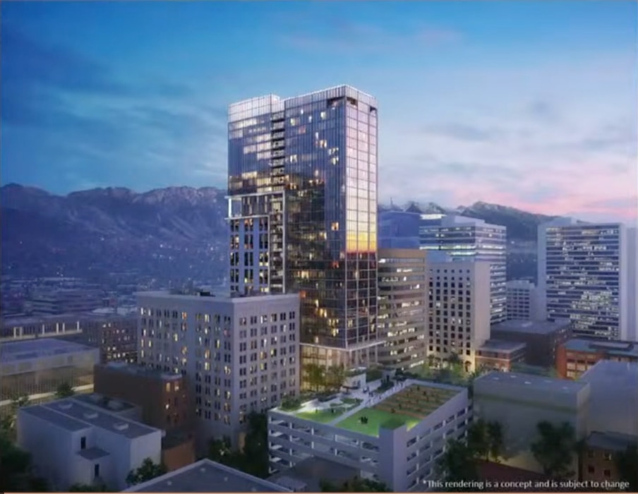 (Image courtesy of Hines, via Salt Lake City) A rendition of the 31-story Main Street Apartments and an adjacent park, to be built on the site of the now-demolished Utah Theater on Salt Lake City's Main Street.