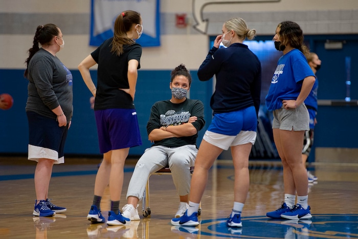 (Francisco Kjolseth  | The Salt Lake Tribune) Timea Gardiner sits out with an injury as she speaks with some of the assistant coaches during a recent practice on Wednesday, Feb. 24, 2021. The Fremont girls basketball team is a top 15 program in the country, per MaxPreps, and is led by 3 highly recruited girls, including Gardiner.