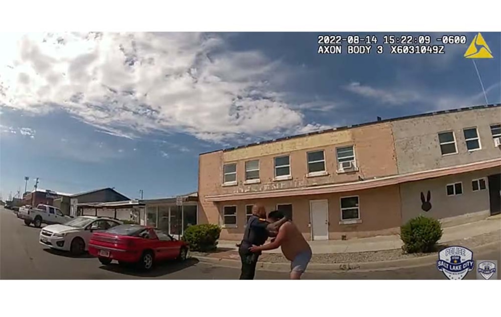 (Screenshot via Salt Lake City Police Department body camera footage) A Salt Lake City officer attempts to stop Nykon Brandon, 35, on Aug. 14, 2022. A 911 call reported Brandon had attempted to run into a Salt Lake City brewery and steal beer. Less than an hour after his arrest, police were notified that Brandon had died.