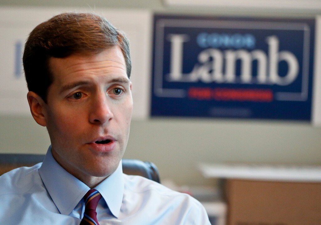 In this Wednesday, Feb. 7, 2018, photo, Conor Lamb, the Democratic candidate for the March 13 special election in Pennsylvania's 18th Congressional District, talks about his campaign at his headquarters in Mount Lebanon, Pa. A Pennsylvania congressional race offers an early test of Democrats’ and Republicans’ arguments over the new tax law.  (AP Photo/Keith Srakocic)