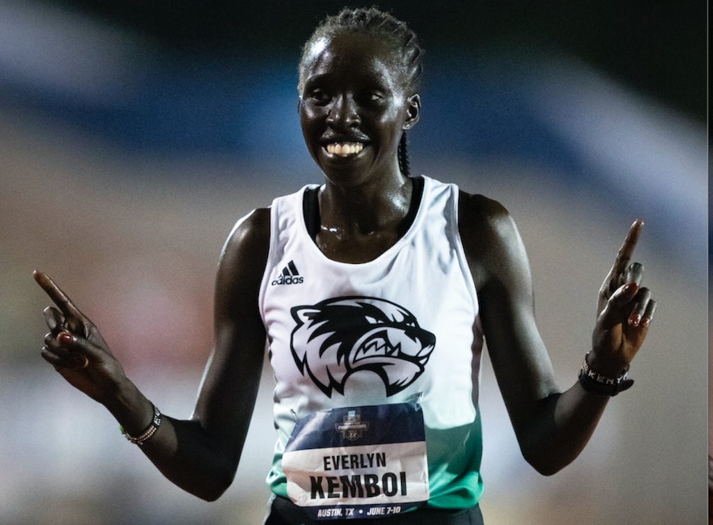 Utah Valley's Everlyn Kemboi celebrates winning the 10,000 meters during the NCAA outdoor track and field championships Thursday, June 8, 2023, in Austin, Texas. (Sara Diggins/Austin American-Statesman via AP)