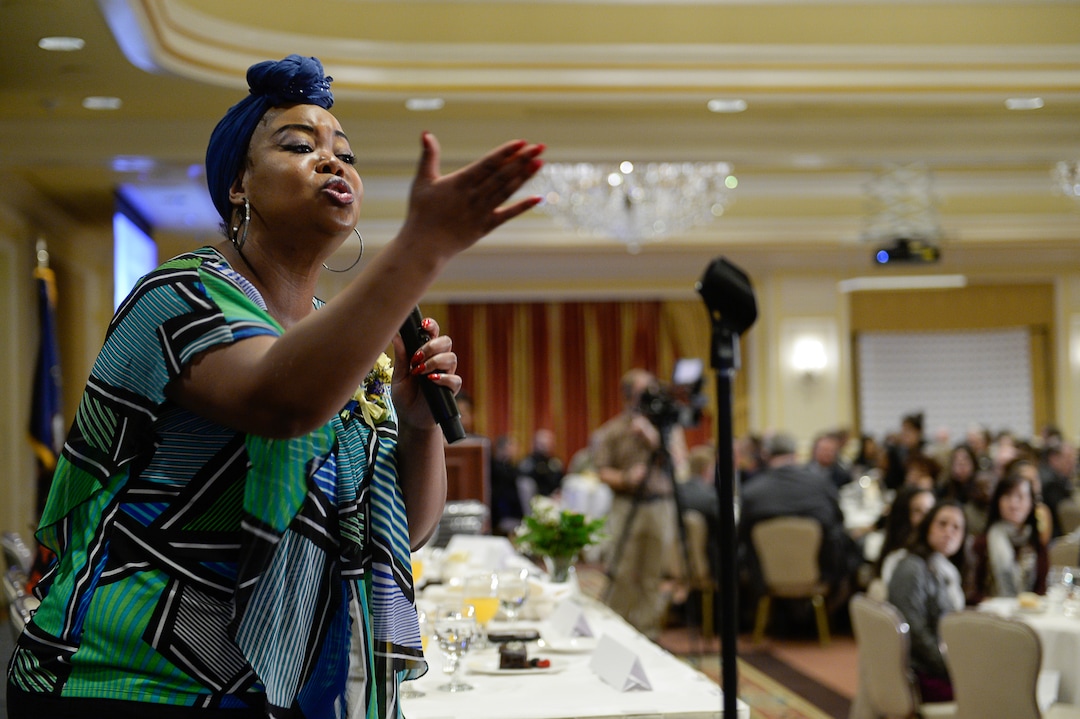(Francisco Kjolseth  |  The Salt Lake Tribune) Mack Seiler gives a powerful rendition of the song "Glory," the theme song from the 2014 motion picture "Selma," as she performs during the Dr. Martin Luther King Jr. Memorial Luncheon at Little America Hotel on Monday, Jan. 20, 2020.