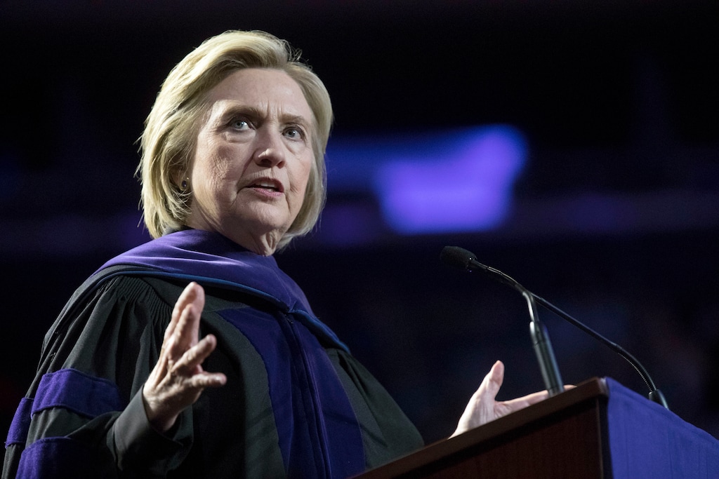 Former Secretary of State Hillary Clinton delivers Hunter College's commencement address, Wednesday, May 29, 2019, in New York. (AP Photo/Mary Altaffer)