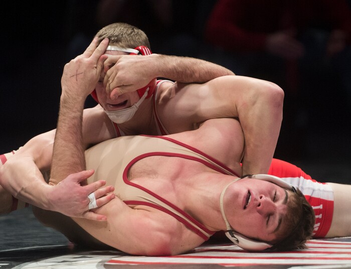 (Rick Egan  |  The Salt Lake Tribune)   Joey Aagard (Juab) wrestles Lance Fowles (Manti) in the 160 weight class. Agar won (Dec 8-6)in the 3A State Wrestling at UVU in Orem, Saturday, February 10, 2018.