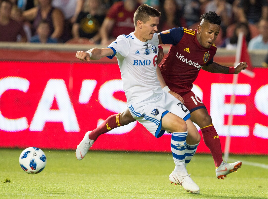 (Rick Egan  |  The Salt Lake Tribune)     Real Salt Lake forward Joao Plata (10) collides with Montreal Impact defender Victor Cabrera (2) in MLS action between Real Salt Lake and Montreal Impact, at Rio Tinto Stadium in Sandy, Saturday, Aug. 11, 2018.