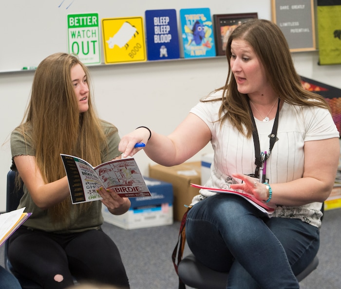 (Rick Egan  |  The Salt Lake Tribune)   Lily Larsen  gets some help for drama teacher Kristie Wallace, at Elk Ridge Middle School in South Jordan, Thursday, April 26, 2018.


Tasia Maes