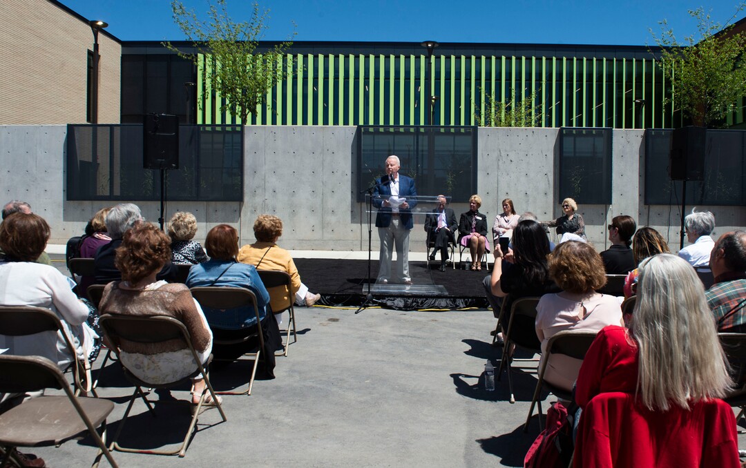 (Rick Egan  |  The Salt Lake Tribune)      Pat King  says a few words at the ribbon cutting ceremony for the Geraldine E. King Women's Resource Center, one of three new shelters that will replace the Road Home. Friday, June 21, 2019.