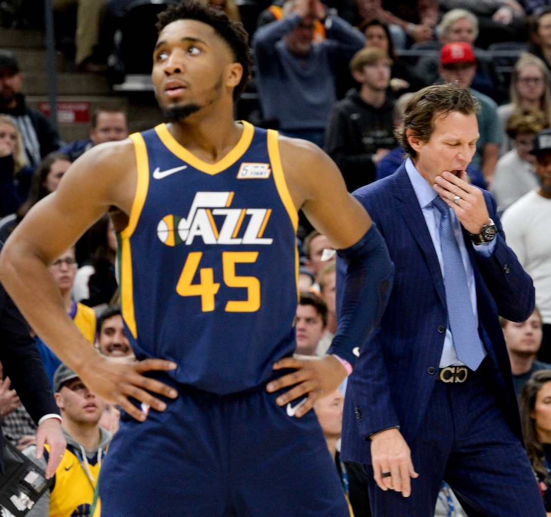 (Leah Hogsten  |  The Salt Lake Tribune) Utah Jazz guard Donovan Mitchell (45) and Utah Jazz head coach Quin Snyder react during a timeout as the Utah Jazz defeated the Golden State Warriors, 114-106, Dec. 13, 2019 at Vivint Arena.