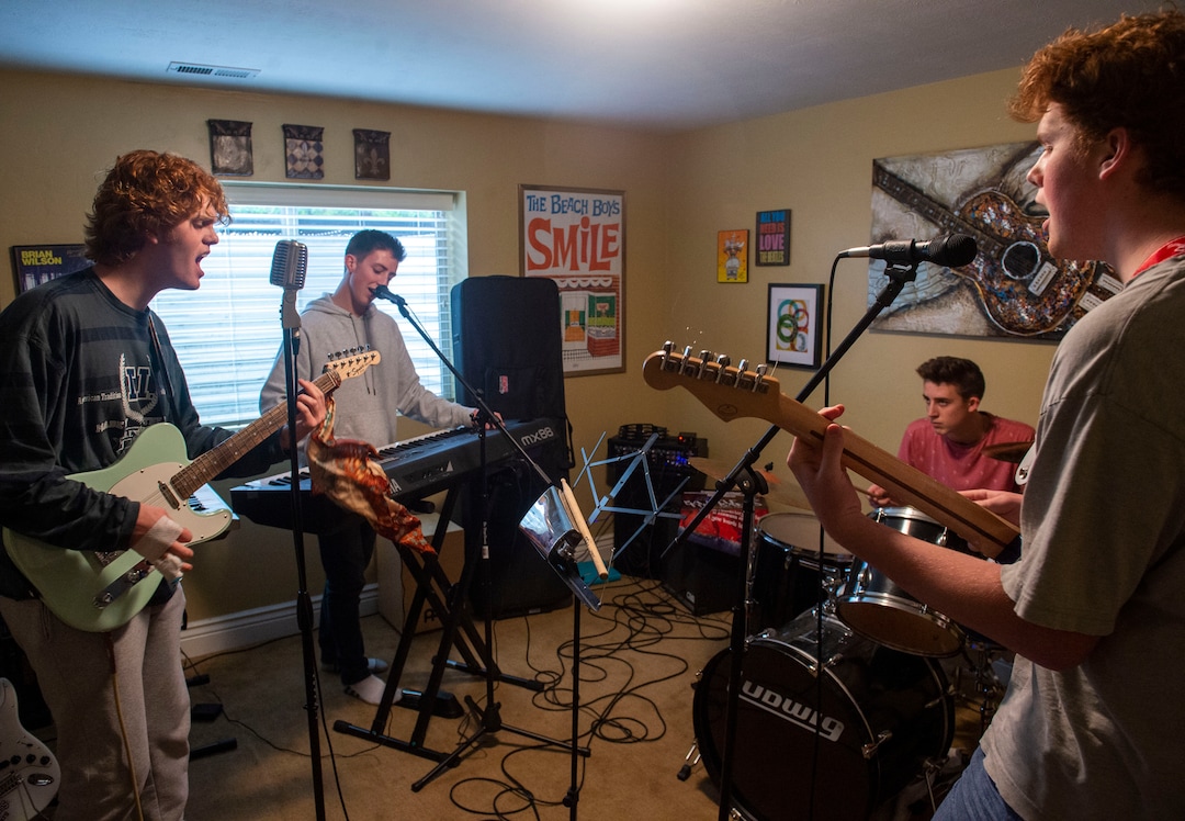 (Rick Egan  |  The Salt Lake Tribune) Woods Cross students, Sam Phillips, Adam Leger, Zach Leger, and Isaac Phillips are members of The Rockees, a rock band that won this year's Utah PTA "Battle of the Bands" competition. Thursday, May 23, 2019.