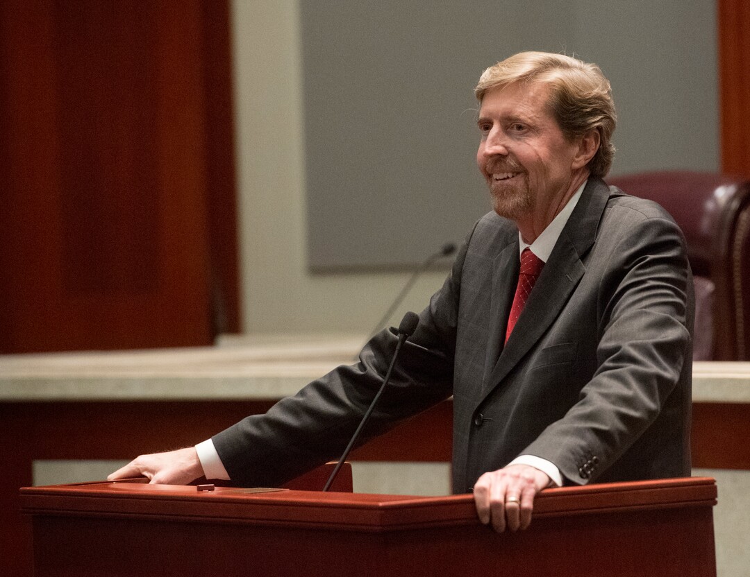 (Rick Egan  |  The Salt Lake Tribune)  Chief Justice Mathew B. Durrant speaks in honor of  the retirement of Justice Christine M. Durham at the Matheson Courthouse, Monday, November 13, 2017.
