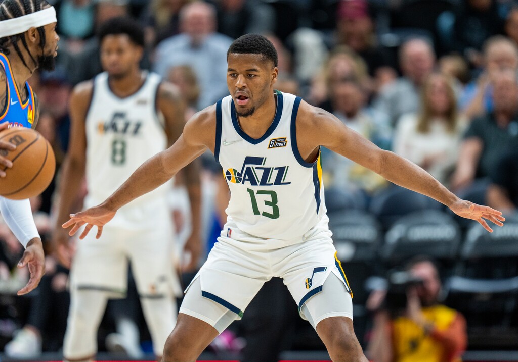 (Rick Egan | The Salt Lake Tribune) Utah guard Jared Butler (13) plays defense for the Jazz, in NBA action between the Utah Jazz and the Oklahoma City Thunder at Vivint Arena, on Wednesday, April 6, 2022.