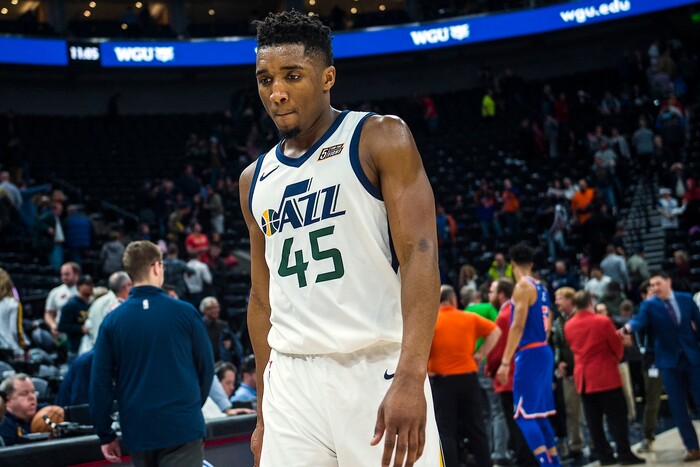 (Chris Detrick  |  The Salt Lake Tribune)  Utah Jazz guard Donovan Mitchell (45) walks off of the court after the game at Vivint Smart Home Arena Saturday, January 20, 2018.  New York Knicks defeated Utah Jazz 117-115.