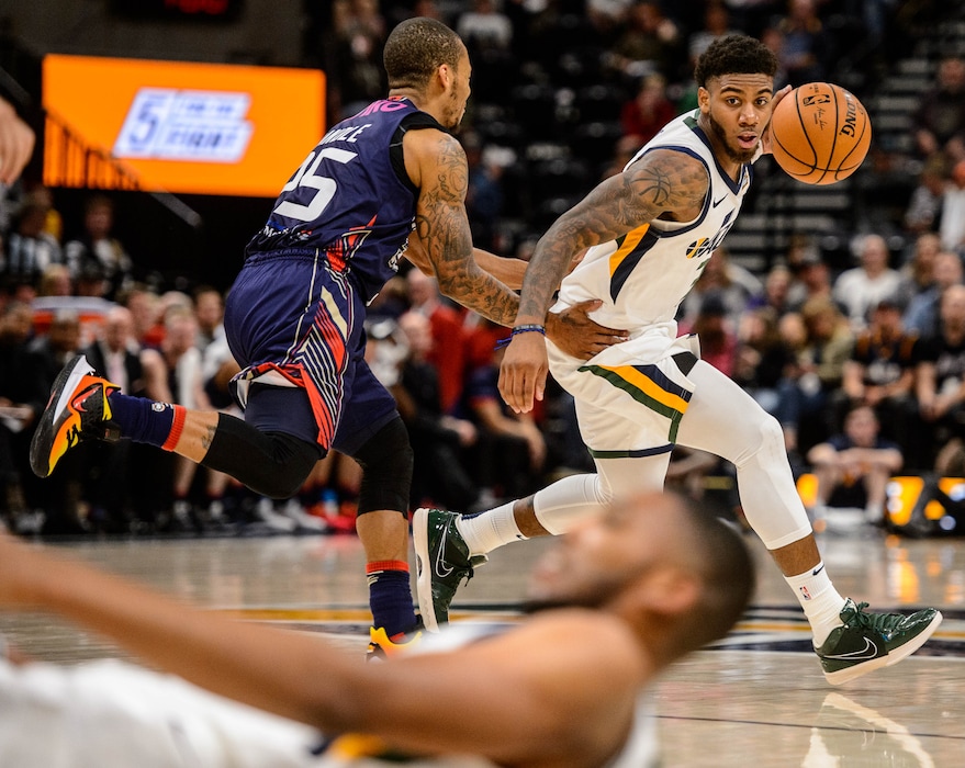 (Trent Nelson | The Salt Lake Tribune)
Utah Jazz guard Justin Wright-Foreman (3) defended by Adelaide 36ers' Jerome Randle (25) as the Utah Jazz host the Adelaide 36ers, NBA basketball in Salt Lake City on Saturday Oct. 5, 2019.