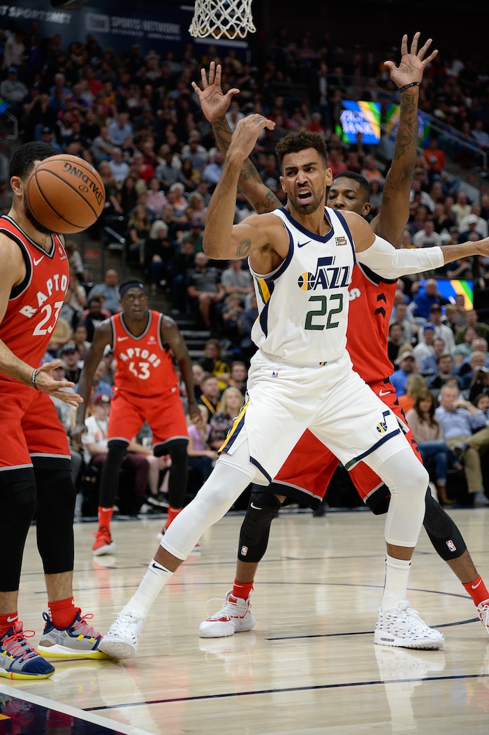 (Francisco Kjolseth  |  The Salt Lake Tribune)  Utah Jazz forward Thabo Sefolosha (22) loses control of the ball against the Raptors in the first half of the preseason NBA game at Vivint Smart Home Arena Tuesday, Oct. 2, 2018, in Salt Lake City.