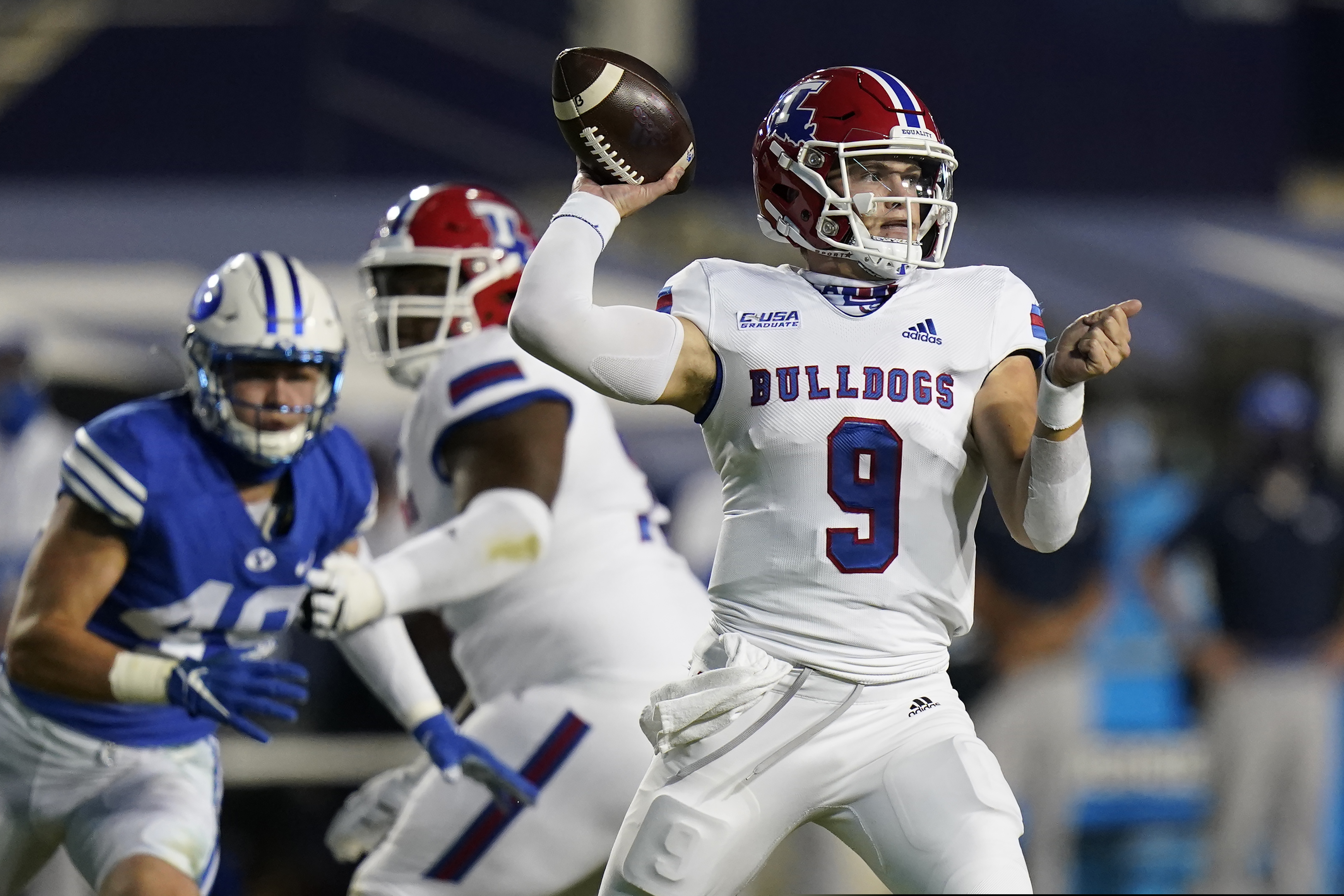 Louisiana Tech quarterback Luke Anthony (9) throws a pass during the first half of the team's NCAA college football game against BYU on Friday, Oct. 2, 2020, in Provo, Utah. (AP Photo/Rick Bowmer, Pool)