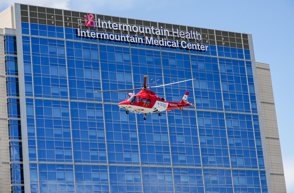 (Chris Samuels | The Salt Lake Tribune) An Intermountain Health LifeFlight helicopter departs Intermountain Medical Center in Murray, Thursday, Aug. 14, 2025.