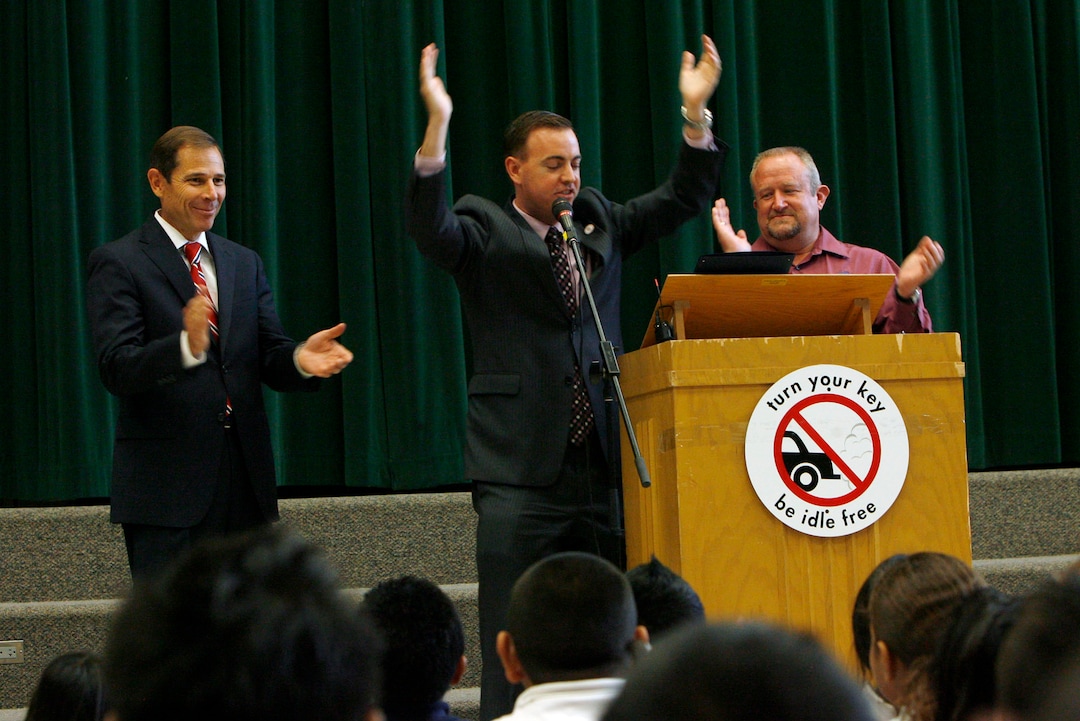 (Francisco Kjolseth  |  Tribune file photo)  Mayors John Curtis, Provo, Mike Winder, West Valley City, and Russ Wall, Taylorsville, from left, get the students at Mountain View Elementary moving with a rap about being Idle Free on Thursday, September 1, 2011 in Salt Lake City.  The event launched Idle Free Awareness Month, a campaign that promotes decreasing excess exhaust contributing to smog by not idling in cars.