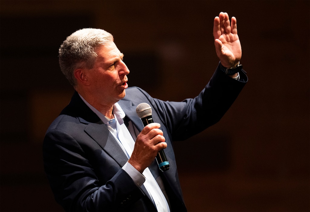 (Rick Egan | The Salt Lake Tribune) Bruce Hough answers a question during the GOP 2nd District debate in Woods Cross on Tuesday, June 20, 2023.