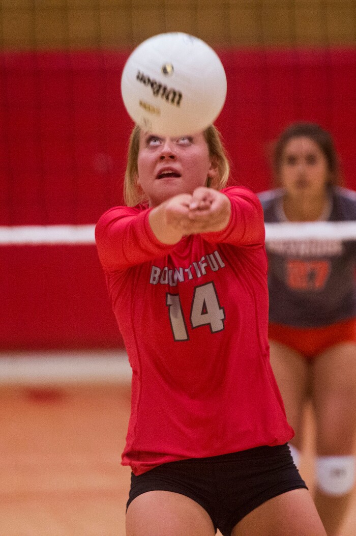 (Rick Egan  |  The Salt Lake Tribune)  Bri Mortensen returns the ball for Bountiful, in volleyball action, Bountiful vs. Skyridge, at Bountiful High, Wednesday, September 6, 2017.