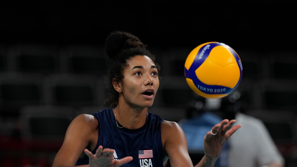 (Frank Augstein | AP) United States' Jordan Thompson during the women's volleyball quarterfinal match between Dominican Republic and United States at the 2020 Summer Olympics on Aug. 4, 2021, in Tokyo, Japan. Thompson is one of the former Team USA members who will play in a new professional league starting next year.