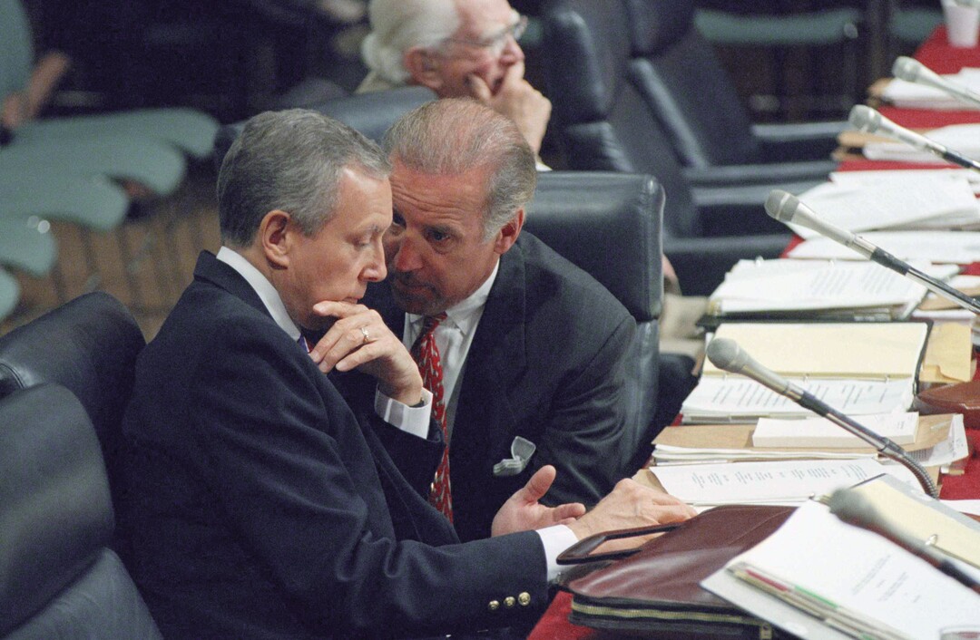 (John Duricka  |  AP Photo)  Sen. Joseph Biden, D-Del., chairman of the Senate Judiciary Committee, right, huddles with Sen. Orrin Hatch, R-Utah, during a confirmation hearing for Supreme Court nominee Stephen Breyer, on Capitol Hill in Washington, July 15, 1994. The committee was hearing testimony from those opposed to Breyer's nomination.