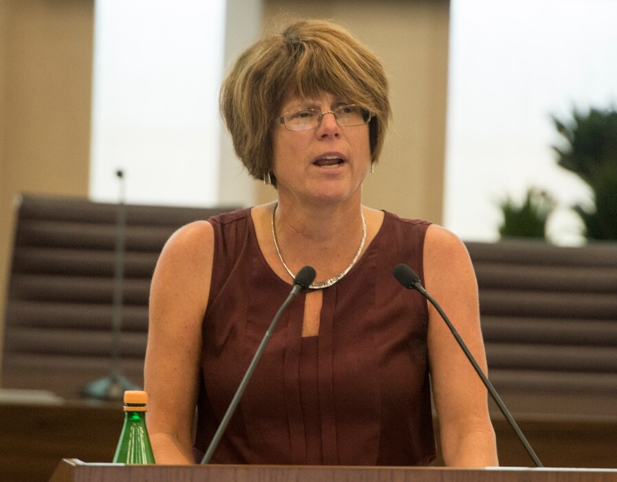 (Rick Egan  |  The Salt Lake Tribune)
Cynthia Berg, dean of the College of Social & Behavioral Science, speaks to members of the University of Utah Academic Senate, about  the $10M donation from the Charles Koch Foundation., Monday, August 28, 2017.