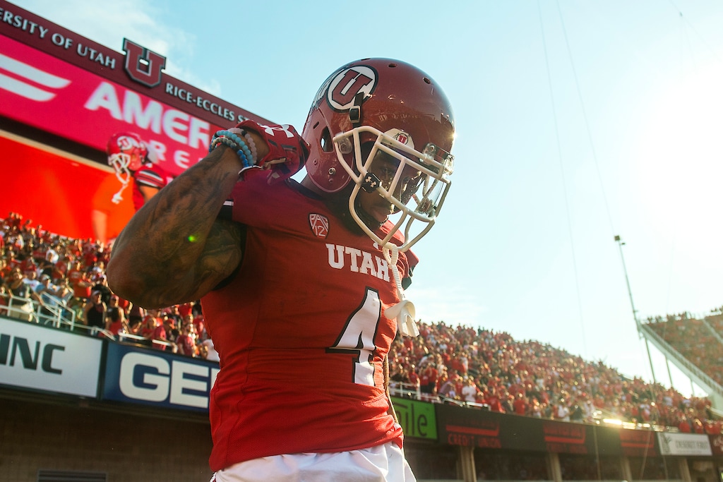 (Chris Detrick  |  The Salt Lake Tribune)  Utah Utes wide receiver Troy McCormick Jr. (4) during the game at Rice-Eccles Stadium Thursday, August 31, 2017. Utah Utes are leading North Dakota Fighting Hawks 17-9 at halftime. 
