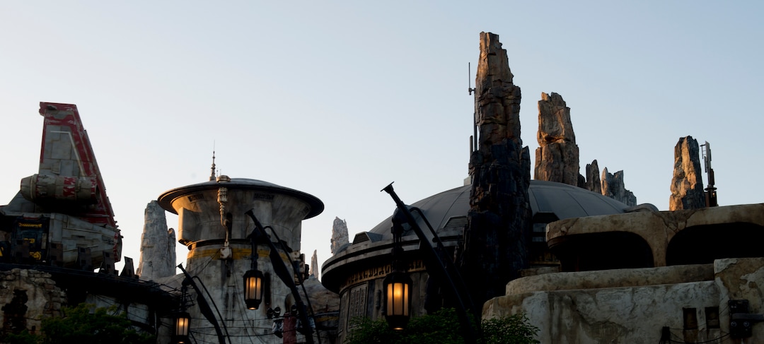 (Jeremy Harmon  |  The Salt Lake Tribune) The last light of the day catches the spires and buildings at Star Wars: Galaxy's Edge in Anaheim, Ca. on Wednesday, May 29, 2019.
