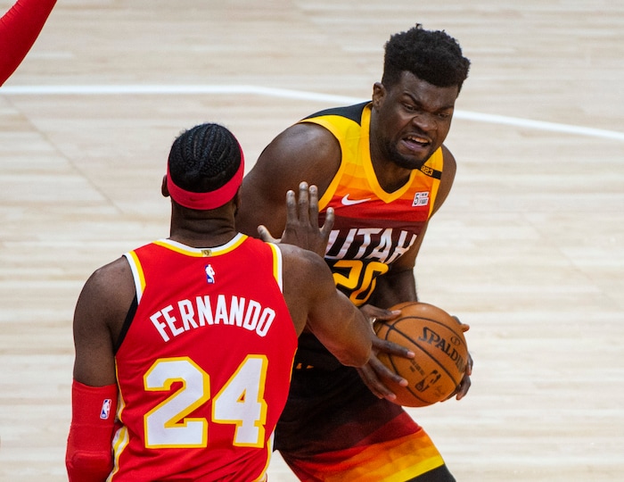 (Rick Egan | The Salt Lake Tribune) Utah Jazz center Udoka Azubuike (20) looks for a shot as Atlanta forward Bruno Fernando (24) defends for the Hawks, in NBA action between the Utah Jazz and the Atlanta Hawks at Vivint Arena, on Friday, Jan. 15, 2021.