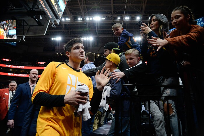 (Francisco Kjolseth  |  The Salt Lake Tribune)  Utah Jazz guard Grayson Allen (24) is celebrated by the fans following the team's 100-94 win over the Pistons in the NBA game at Vivint Smart Home Arena Monday, Jan. 14, 2019, in Salt Lake City.
