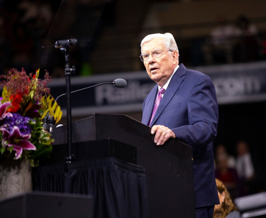 (Photo courtesy of The Church of Jesus Christ of Latter-day Saints)
President M. Russell Ballard, acting president of the Quorum of the Twelve Apostles, speaks at the North America Northeast member devotional in the DCU Center in Worcester, Mass., on Sunday, Oct. 20, 2019.