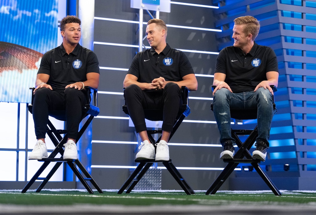 (Francisco Kjolseth | The Salt Lake Tribune) BYU quarterbacks, from left, Jaren Hall, Baylor Romney, and Jacob Conover answer questions during BYU Football Media Day in June. Kalani Sitake has yet to name the Cougars' starting quarterback for the upcoming season.