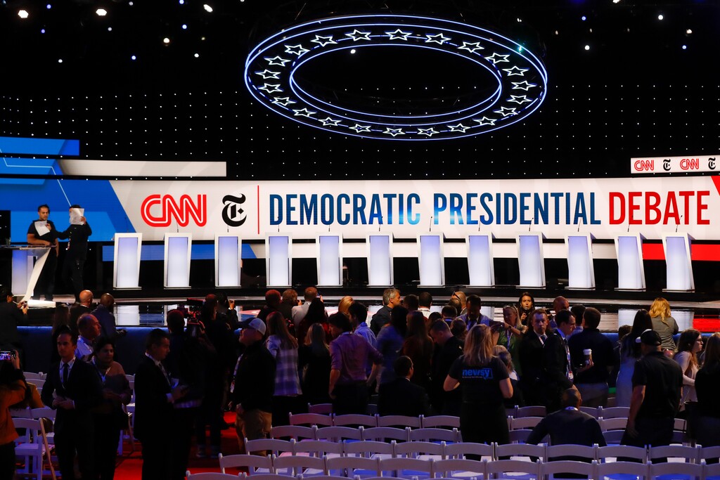 (John Minchillo | AP) The stage is prepared where the CNN/New York Times will host the Democratic presidential primary debate at Otterbein University, Tuesday, Oct. 15, 2019, in Westerville, Ohio.
