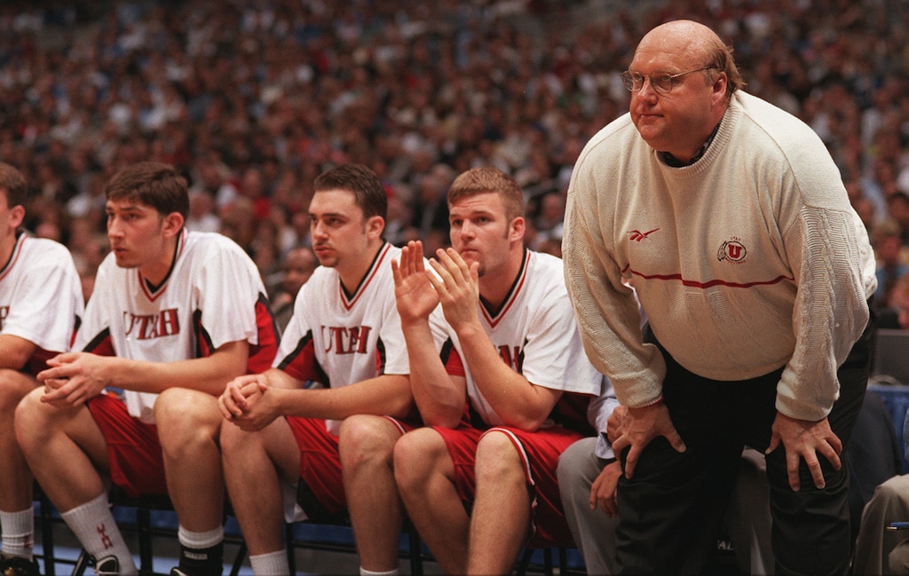 (Steve Griffin  |  Tribune file photo)  The late Rick Majerus, shown coaching Utah's basketball team in the 1998 NCAA championship game, will be inducted into the National Collegiate Basketball Hall of Fame on Sunday.