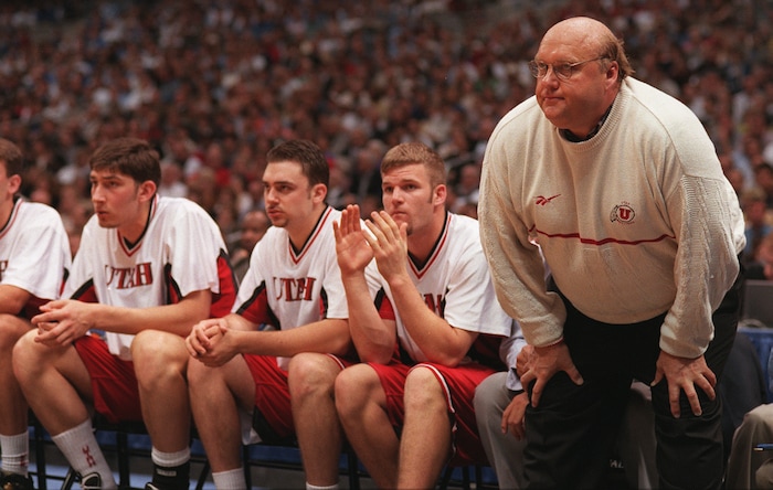 (Steve Griffin  |  Tribune file photo)  Rick Majerus grimaces on the sideline as the Utes start to falter against Kentucky in the 1998 national championship in San Antonio, Texas.