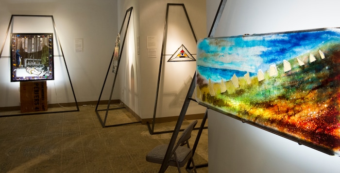 (Rick Egan  |  The Salt Lake Tribune)      The McDonald Windows, stained glass exhibit, "Remembered Light," which features fragments from World War II windows. The exhibit brought to Utah by the Salt Lake Interfaith Roundtable & the Peace Committee of the Utah District of Rotary International. The exhibit runs through Nov 17, at 175 South Main, in Salt Lake City. Monday, Oct. 29, 2018.



