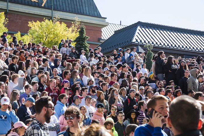 (Clark Clifford  |  Special to The Salt Lake Tribune) Thousands cram into Olympic Plaza for Kanye West's Sunday Service at The Gateway in Salt Lake City on Saturday, Oct. 5, 2019.