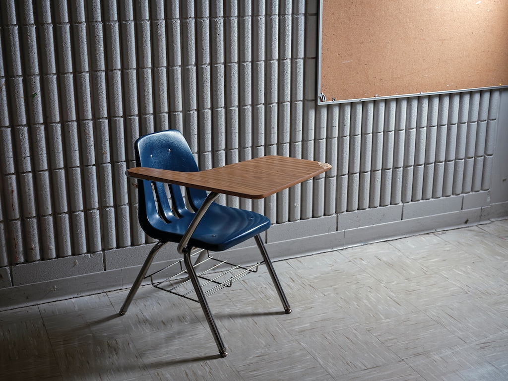 A desk at a school in Pine Bluff, Ark., in July 2026. (Tamara Reynolds/The New York Times)
