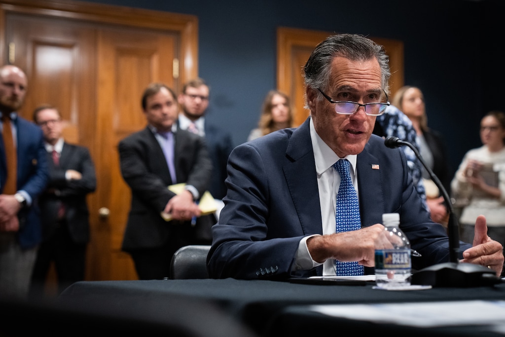 (Sarahbeth Maney | The New York Times) Sen. Mitt Romney, R-Utah, speaks during a briefing with the Senate Budget Committee about the Democrat’s tax and spending legislation, at the U.S. Capitol in Washington on Tuesday, Nov. 30, 2021.