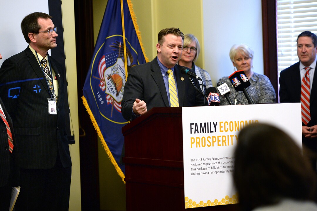 (Scott Sommerdorf   |  The Salt Lake Tribune)   Utah Senator Todd Weiler, R-Woods Cross, speaks during the Family Economic Prosperity Priorities press conference, Thursday, January 25, 2018.