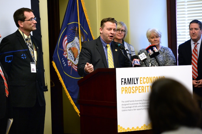 (Scott Sommerdorf   |  The Salt Lake Tribune)   
Utah Senator Todd Weiler, R-Woods Cross, speaks during the Family Economic Prosperity Priorities press conference, Thursday, January 25, 2018.