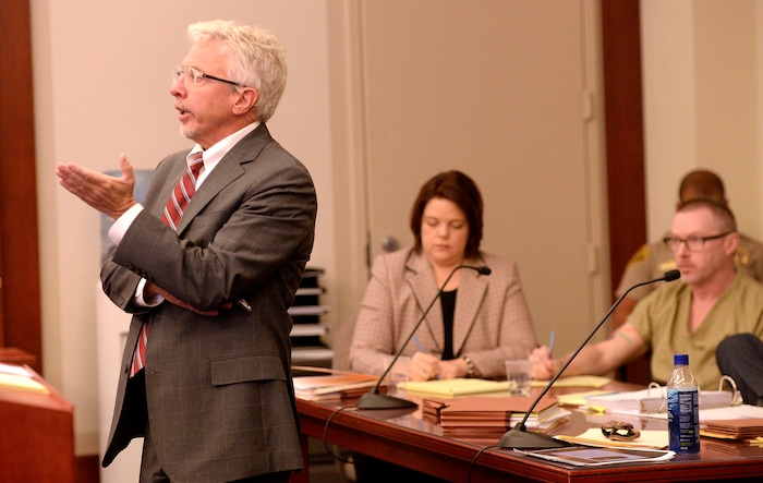 (Al Hartmann  |  The Salt Lake Tribune)       
Defense lawyer Mark Moffat questions a witness in 3rd District Judge James Blanch's courtroom during a three-day sentencing hearing Monday August 28 in Salt Lake City for Craig Crawford.  Crawford has admitted that he trapped his 72-year-old estranged husband, well-known restaurateur John Williams, inside his home and then set it ablaze last year.
He pleaded guilty in June to first-degree felony counts of aggravated murder and aggravated arson.
The judge will decide whether Crawford will serve life in prison with or without the possibility of parole.